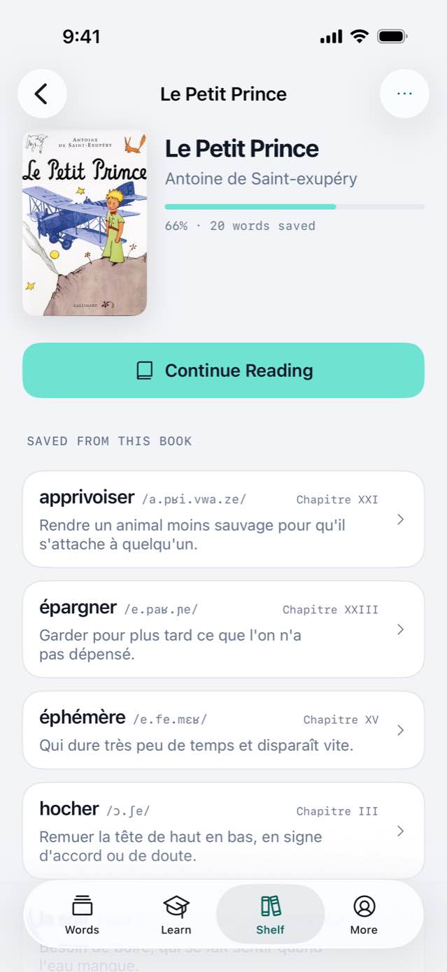 Le Petit Prince on the shelf, read to 66%